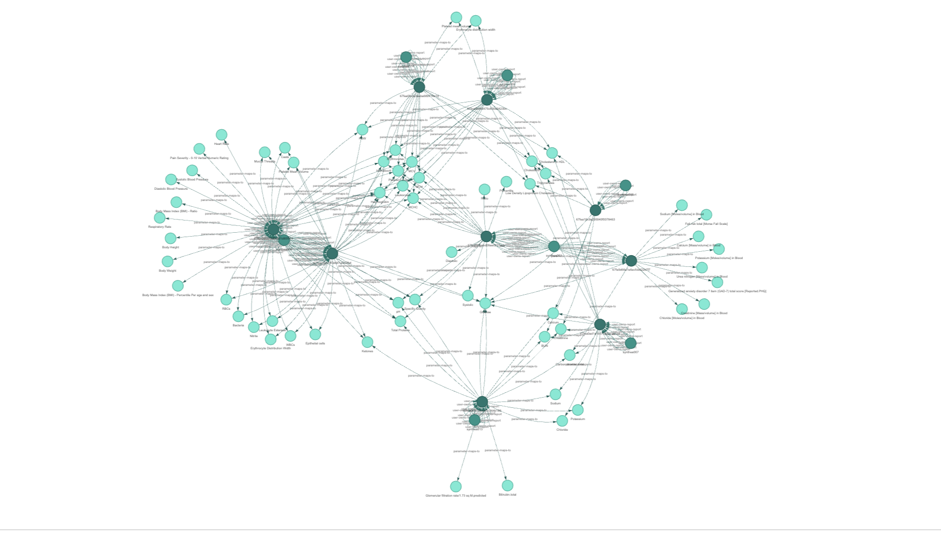 Aether health graph showing connected clinical parameters and longitudinal relationships.